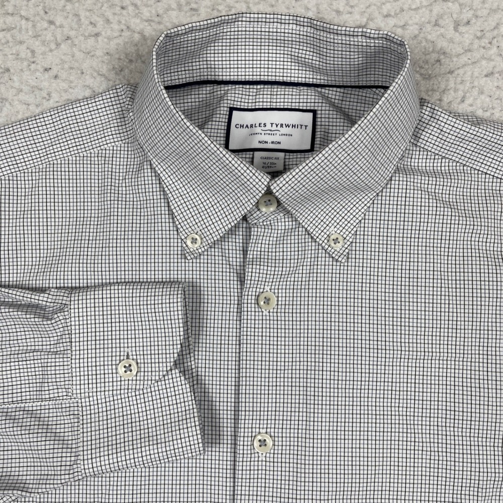 Charles Tyrwhitt Dress Shirt Mens 16/35 White Navy Micro Grid Non-Iron Classic